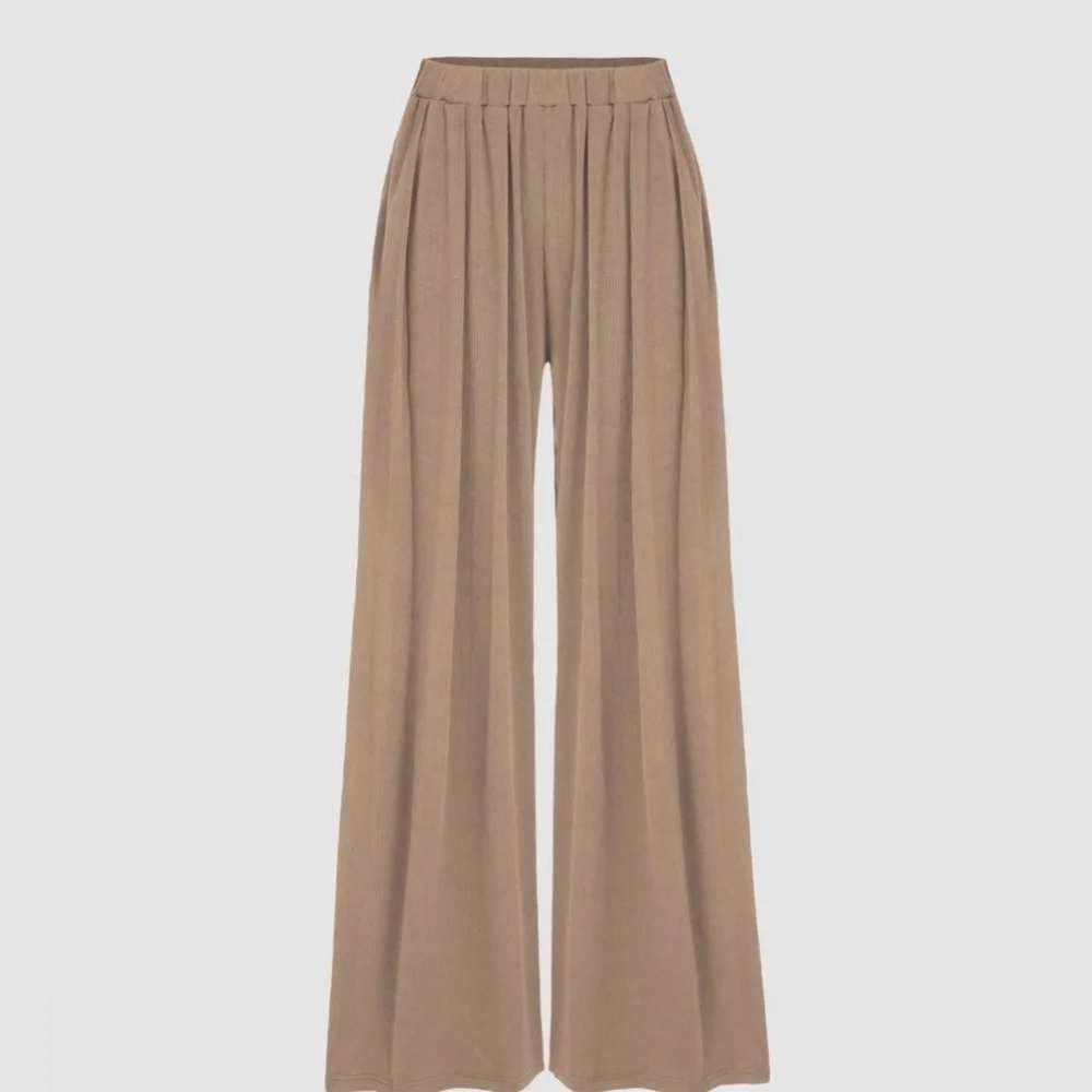 Cider Tan Brown Ribbed Wide Leg Pants High Waist Pleated Lounge Trousers Size M